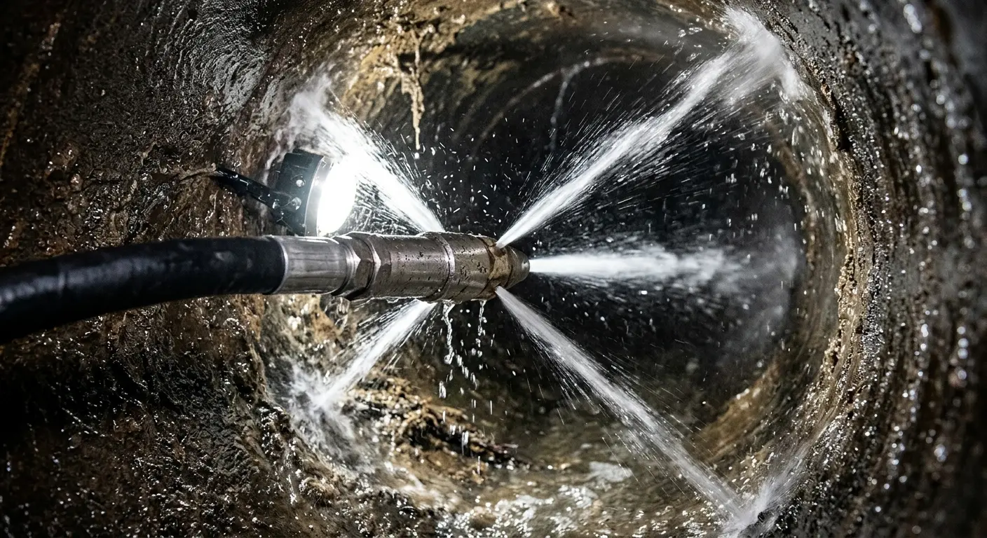 High-pressure hydro jetting nozzle cleaning sewer pipe for Emergency Drain Service in Wrightsboro