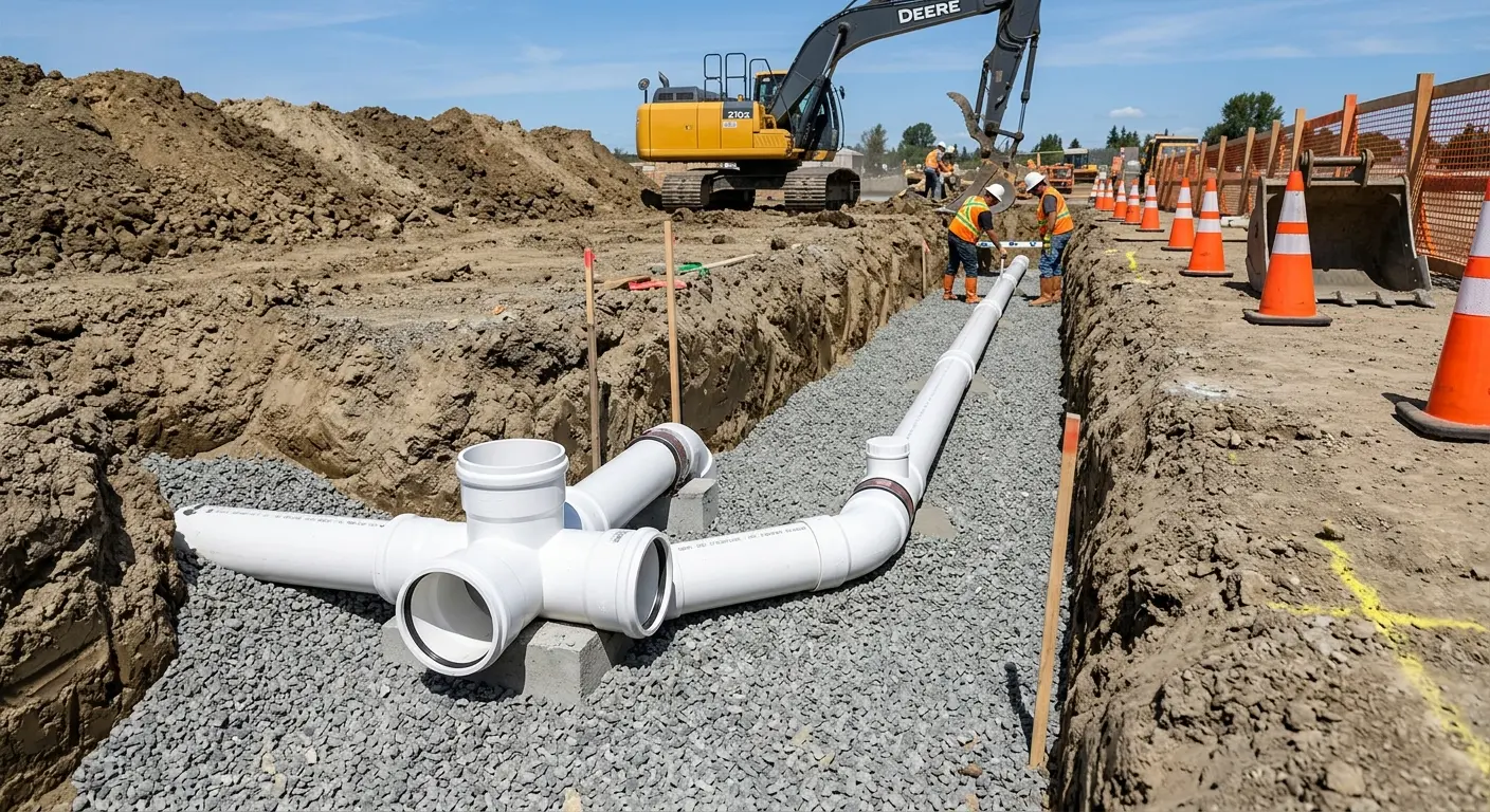 New PVC sewer pipe installation in open trench for Commercial Drain Cleaning in Wrightsboro