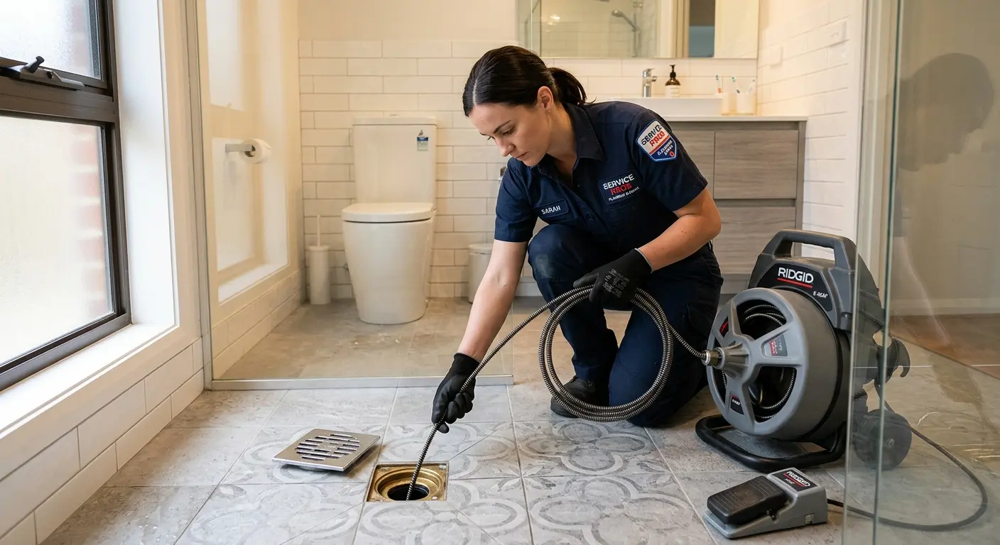 Technician clearing a bathroom floor drain for Clogged Drain Repair in Wrightsboro